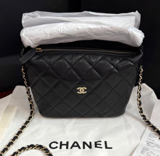Chanel Calfskin Hobo Chain Crossbody Top Handle Bag Black Gold Women Classic