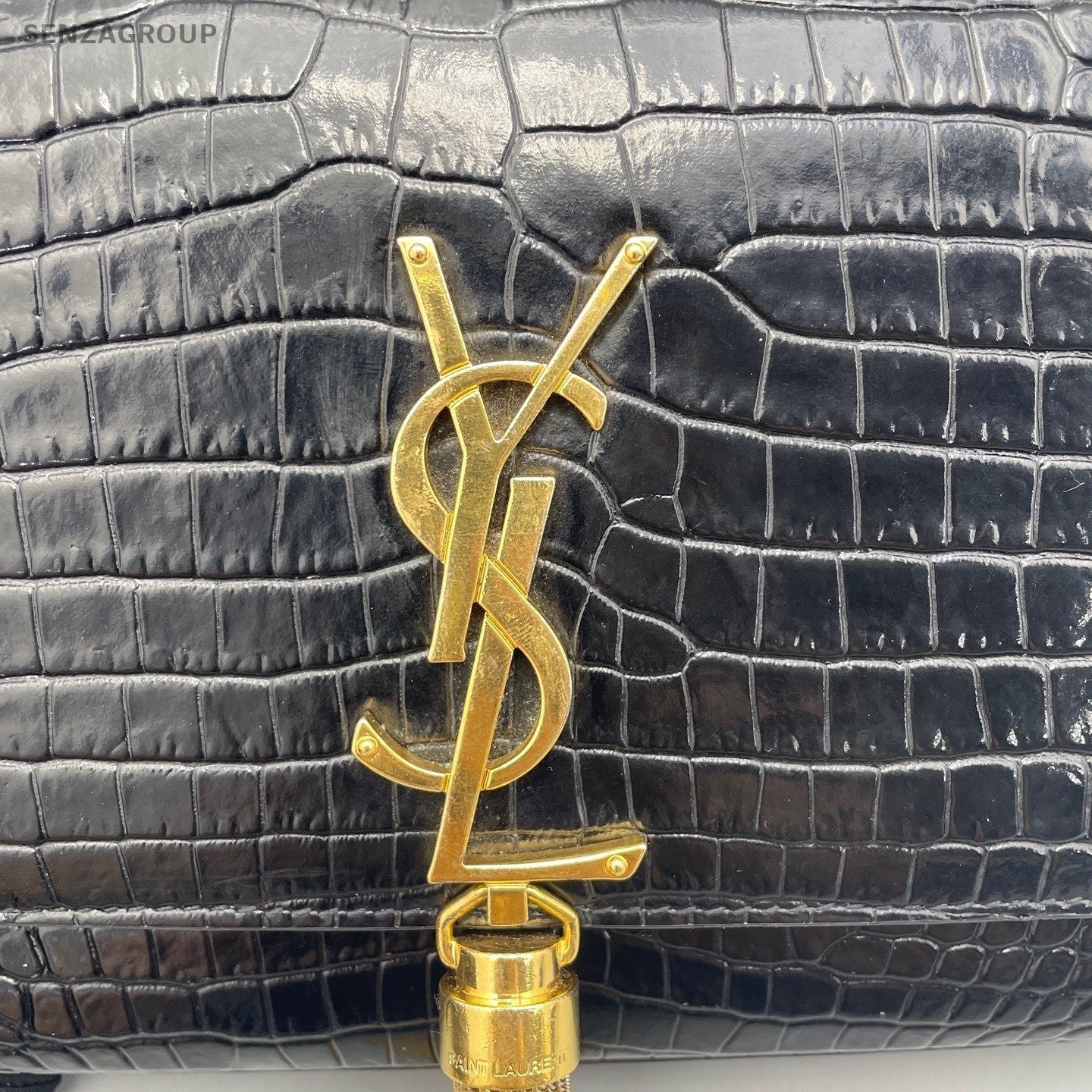 YSL Saint Laurent Kate PM Alligator pattern Chain Shoulder bag Black Gold Women
