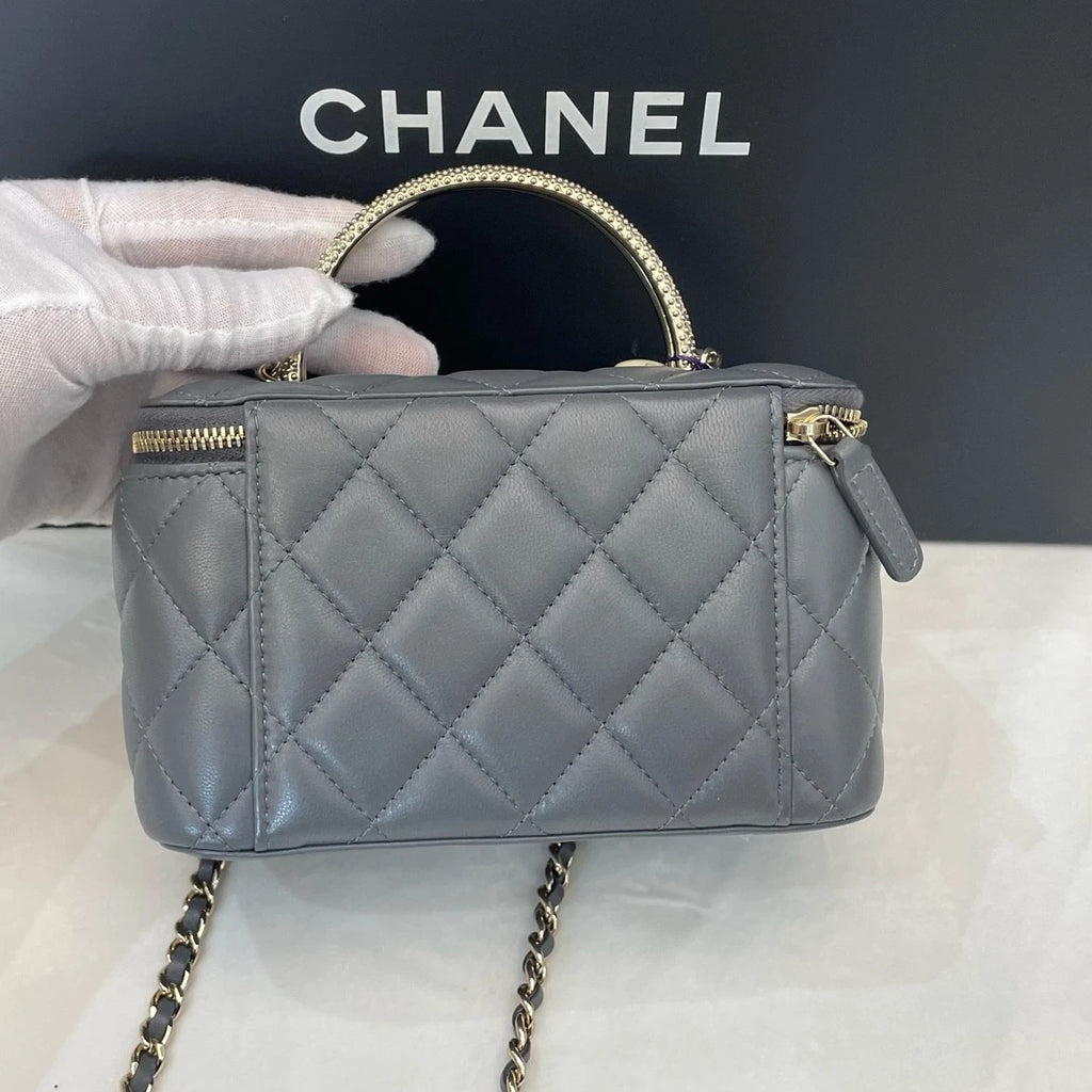 Chanel Long Box Gold Chain Gray Top Handle Crossbody Chip Version Excellent