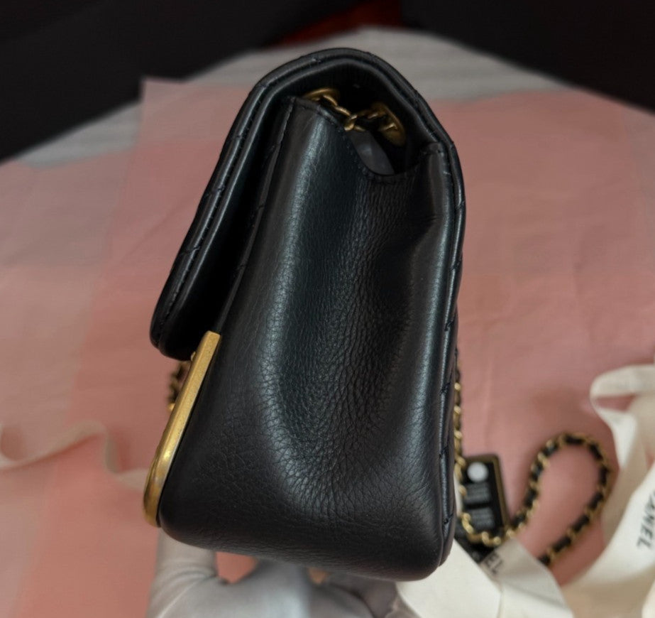 Chanel Classic Flap Mini Calfskin Chain Shoulder Bag Black Gold Women Chevron