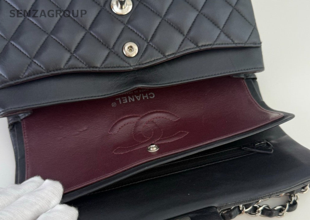 Chanel Classic Flap Lambskin PM Chain Shoulder Bag Black Silver Used Women