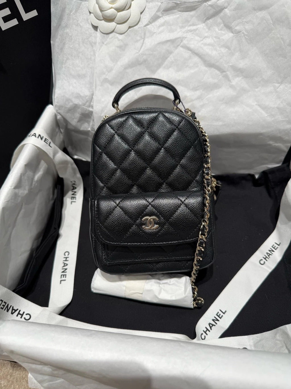 CHANEL Black Gold Caviar Leather Mini Backpack For Women