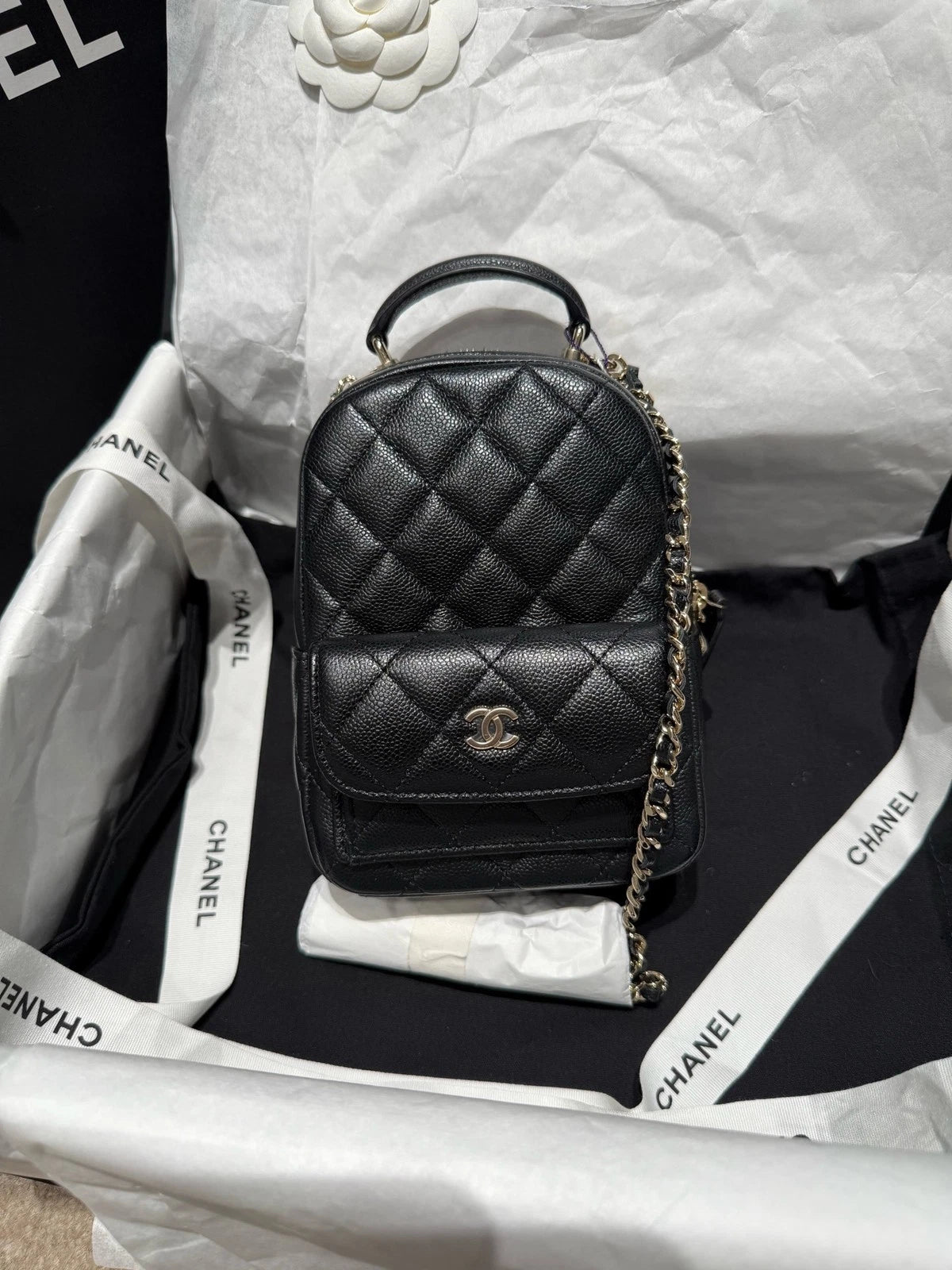 CHANEL Black Gold Caviar Leather Mini Backpack For Women