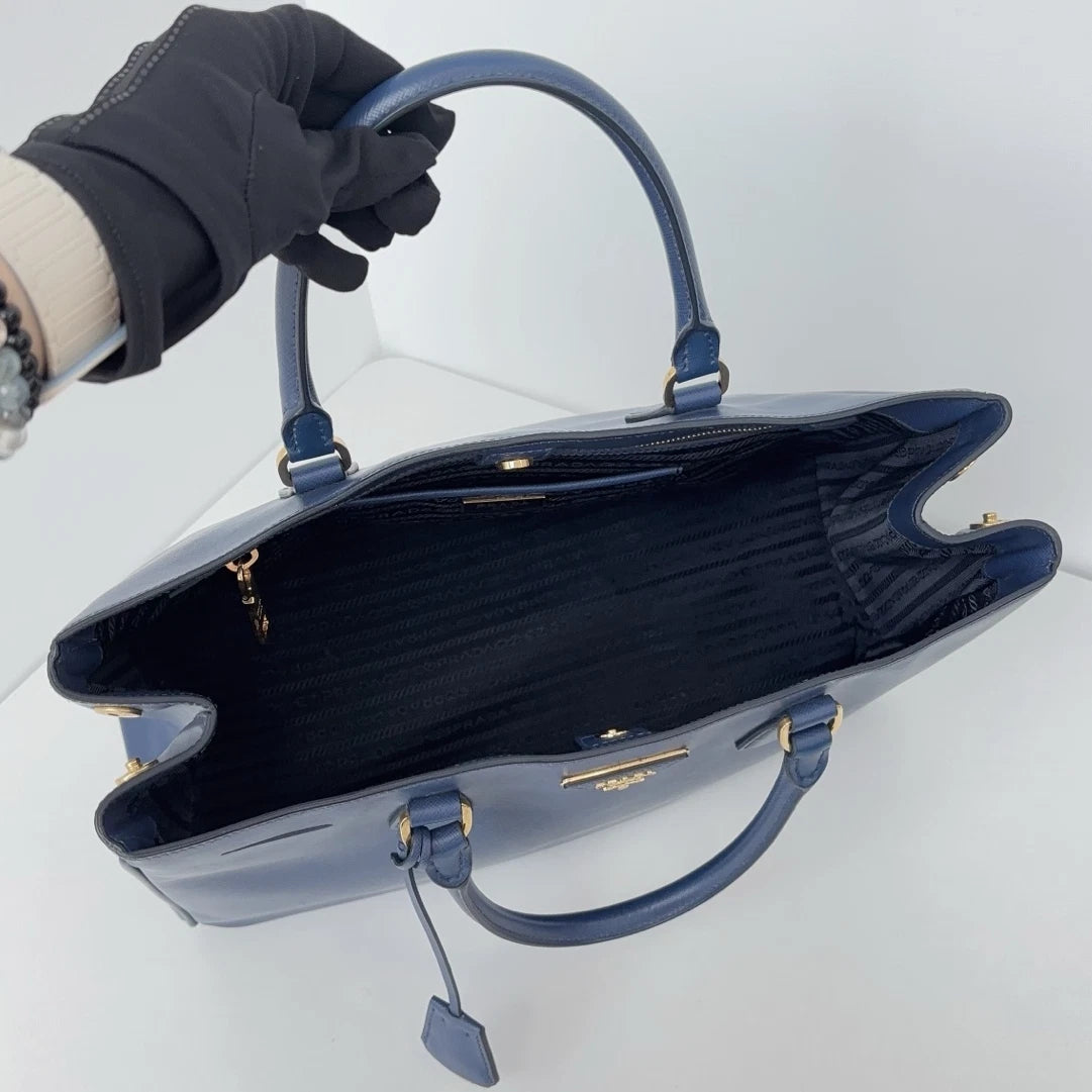 Authentic Prada Galleria Calfskin GM Blue Tote Handbag Gold Hardware