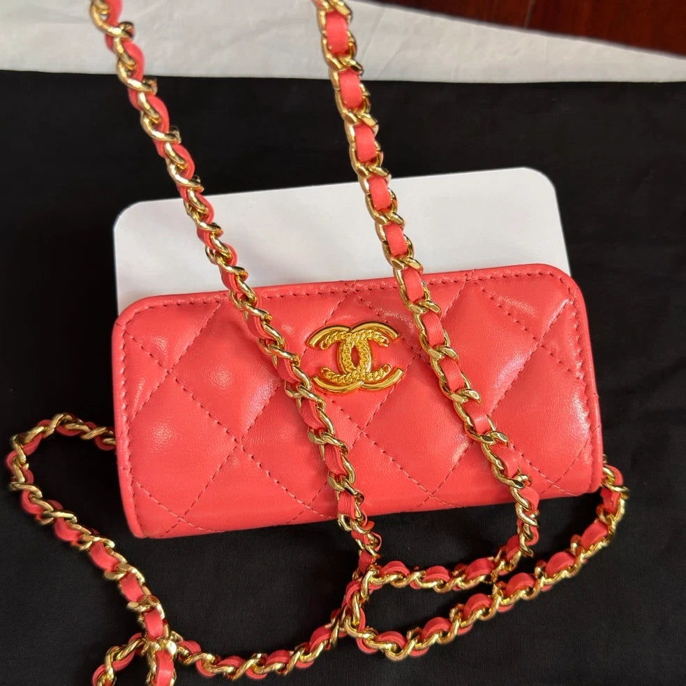New Chanel VIC Calfskin Pink Chain Crossbody Diamond with Dust Bag
