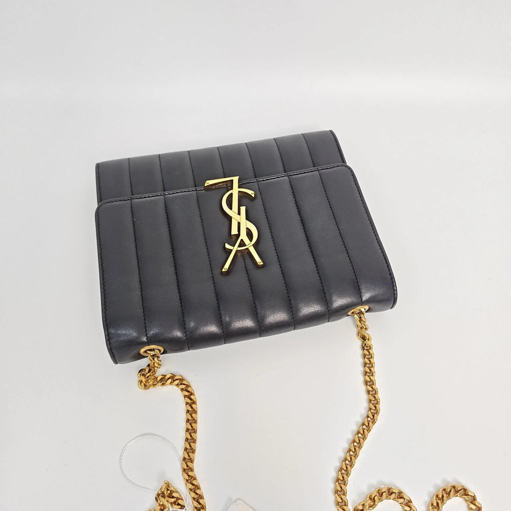 YSL Black Calfskin Vicky Chain Shoulder Crossbody Bag For Women