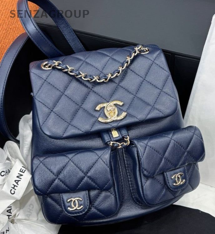 Chanel Duma MM Calfskin Backpack Blue Gold Used Women Classic