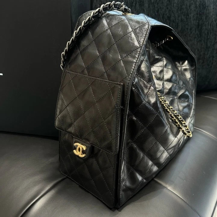 Chanel 25Bag MM Chain Calfskin Shoulder Bag Black Gold Hardware Women D