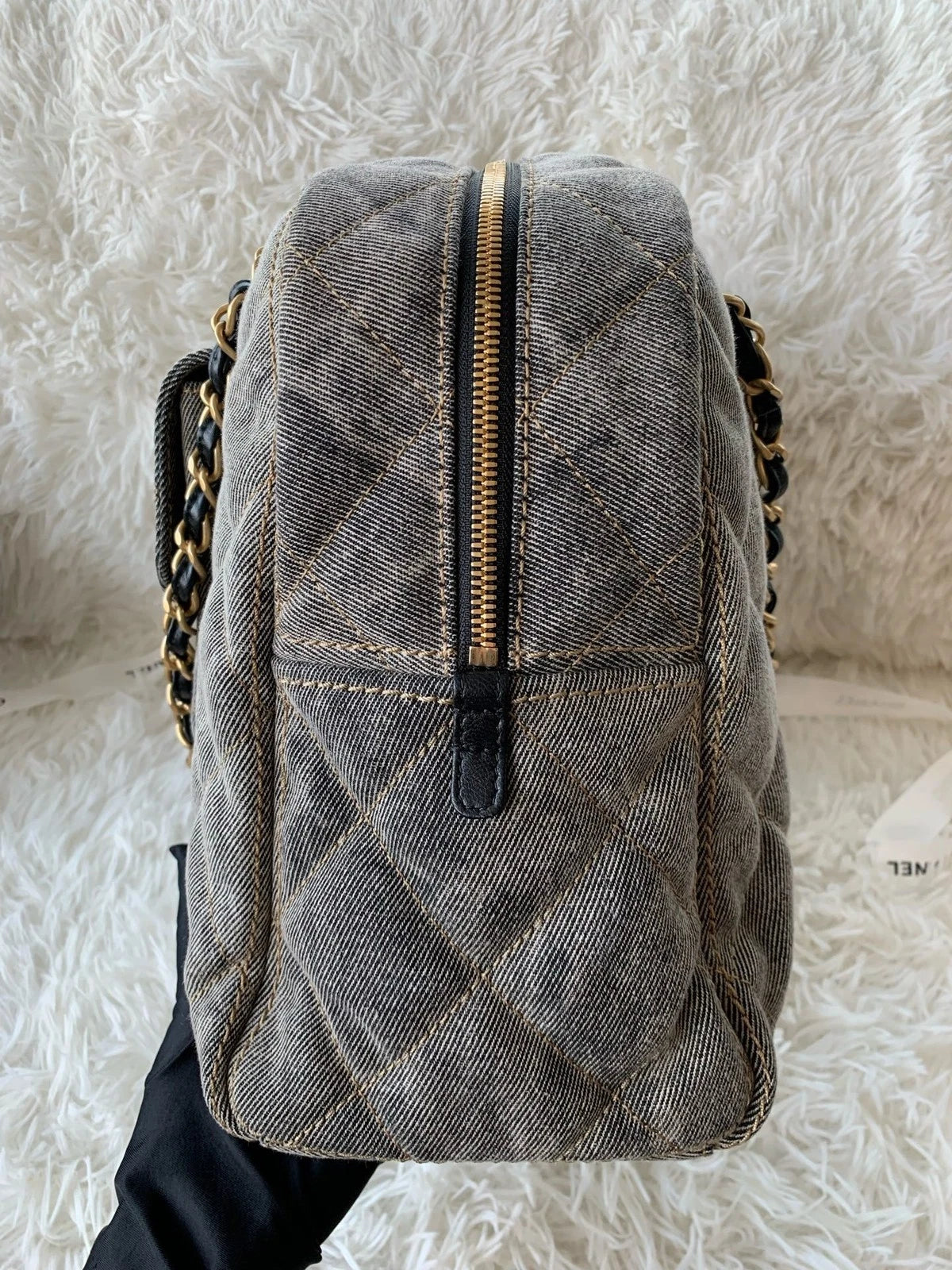 Chanel Distressed Grey Denim Maxi Bowling Bag For Women