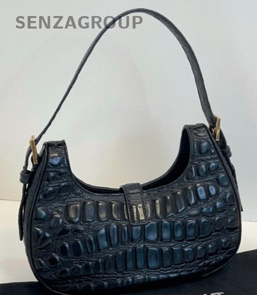YSL Saint Laurent Croc-Embossed Hobo Shoulder Pea Bag Black Women
