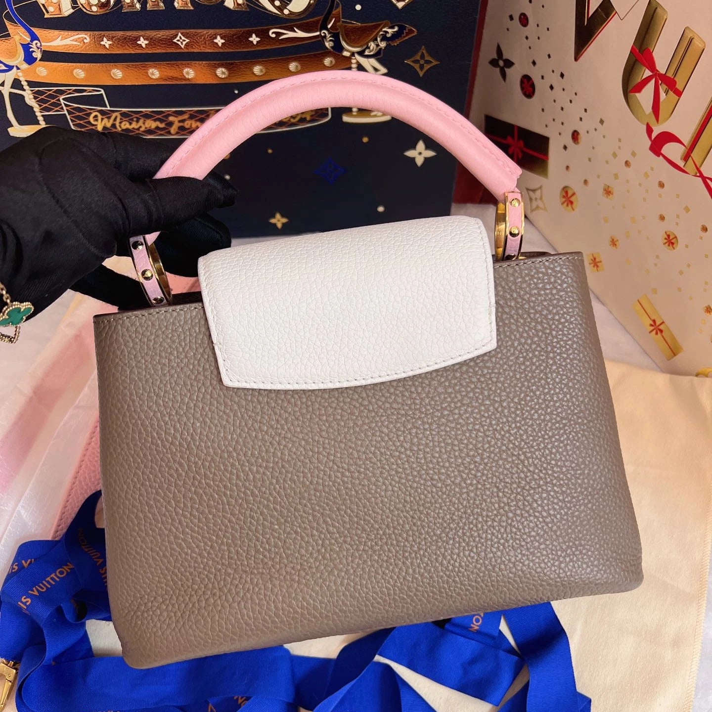 Louis Vuitton Capucines BB Top Handle Bag Crossbody Gray Pink Gold Women Classic