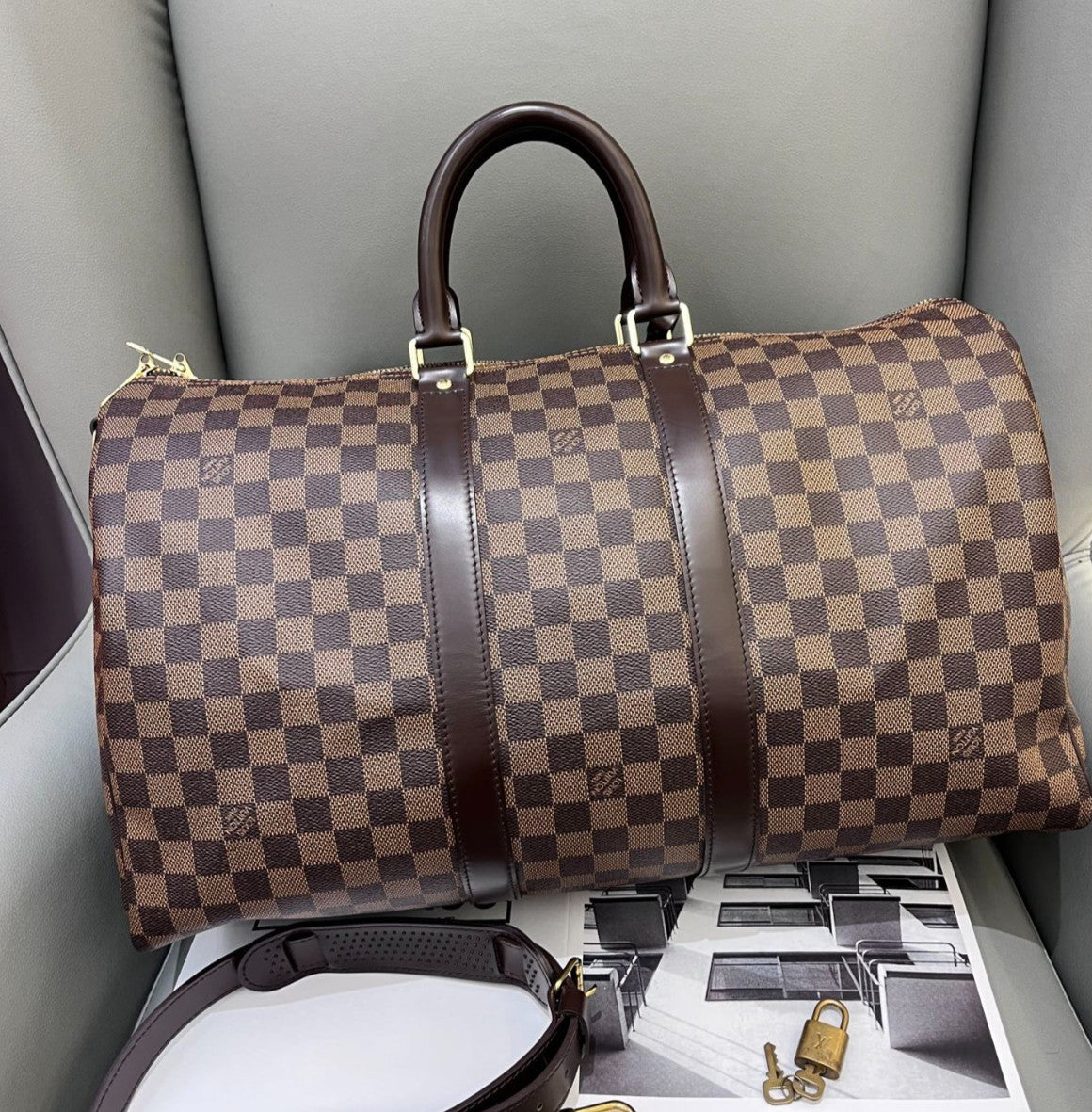 Louis Vuitton Keepall45 Damier Ebene Top Handle Shoulder Bag Brown Gold Unisex