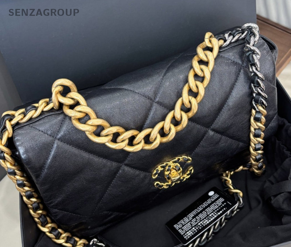 Chanel 19Bag MM Chain Shoulder Bag Crossbody Black Gold Women Classic Fashion