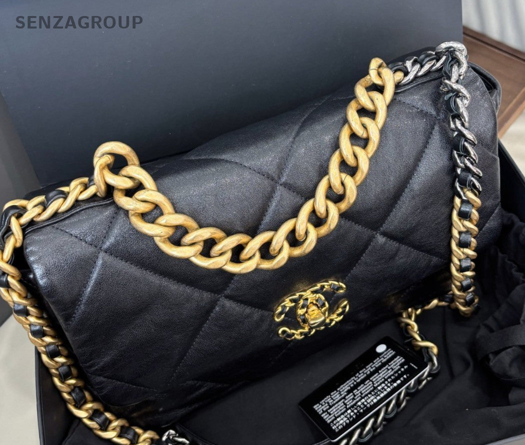 Chanel 19Bag MM Chain Shoulder Bag Crossbody Black Gold Women Classic Fashion