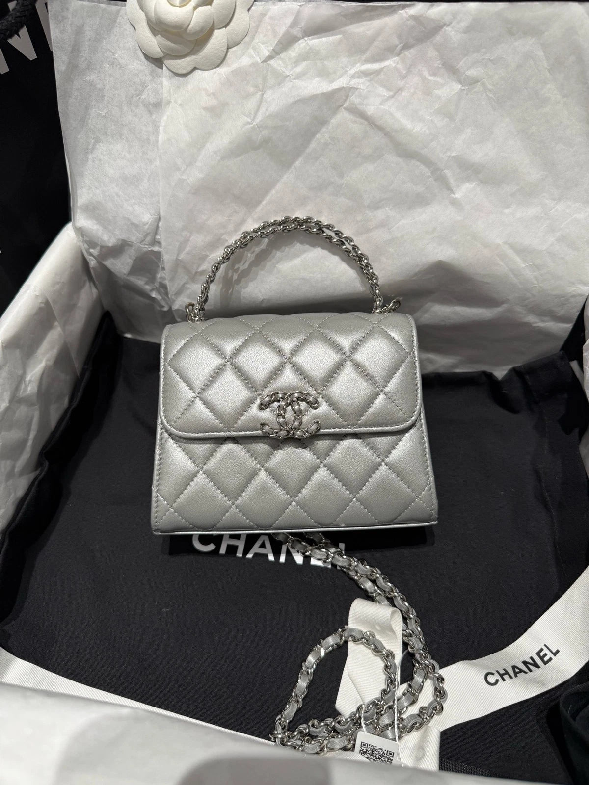 New Chanel Kelly Silver Lambskin Chain Top Handle Bag For Women