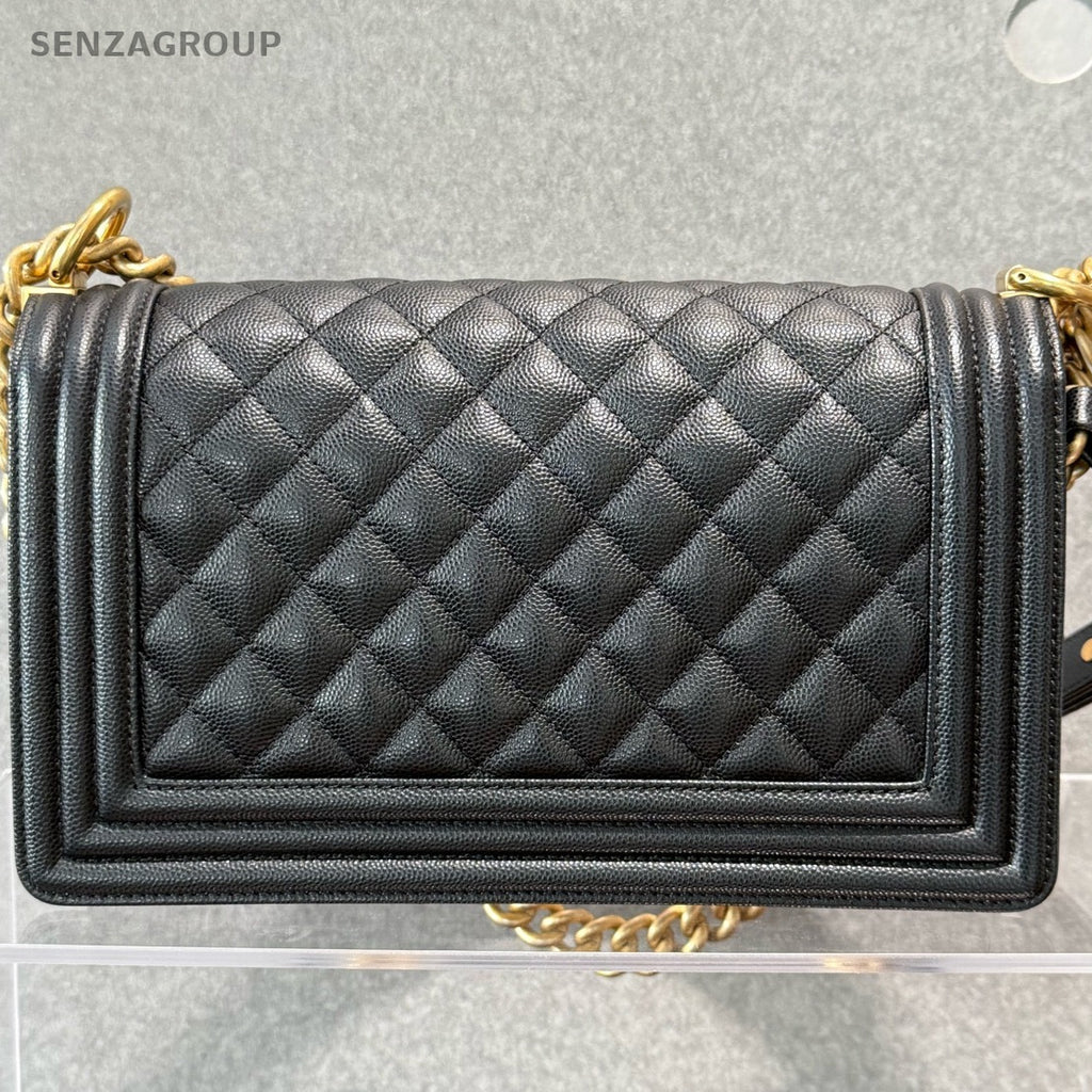 Chanel Black Caviar Leather Le Boy Medium Chain Shoulder Bag Classic Women