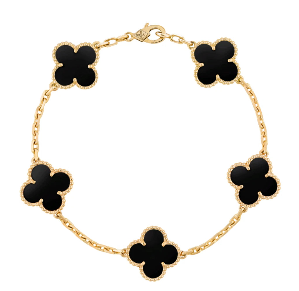 Van Cleef &amp; Arpels Vintage Alhambra 5 Motifs Onyx Bracelet 18k Yellow Gold