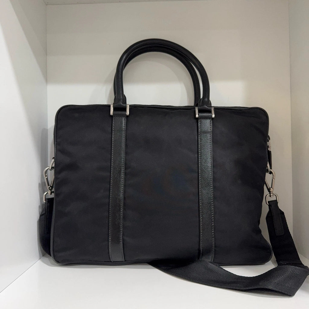 PRADA Black Nylon Leather Briefcase Handbag Crossbody Bag For Women