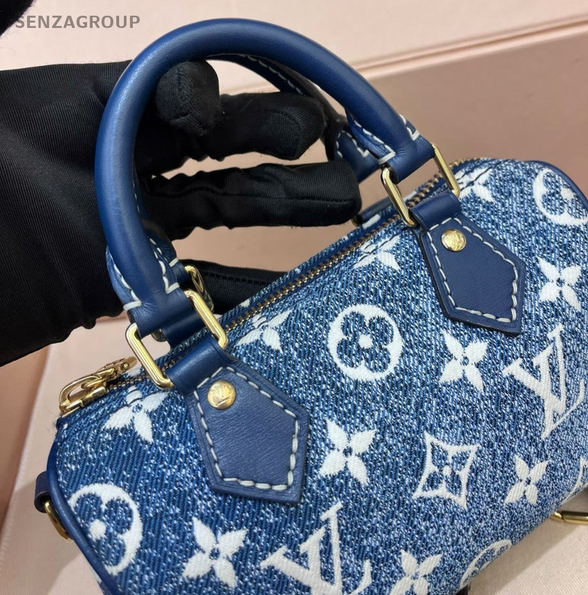 Louis Vuitton Speedy Nano Denim Monogram Top Handle Crossbody Blue Gold Women