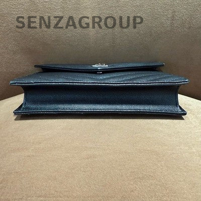 Saint Laurent Cassandre Leather Chain Shoulder Bag Black Silver Classic