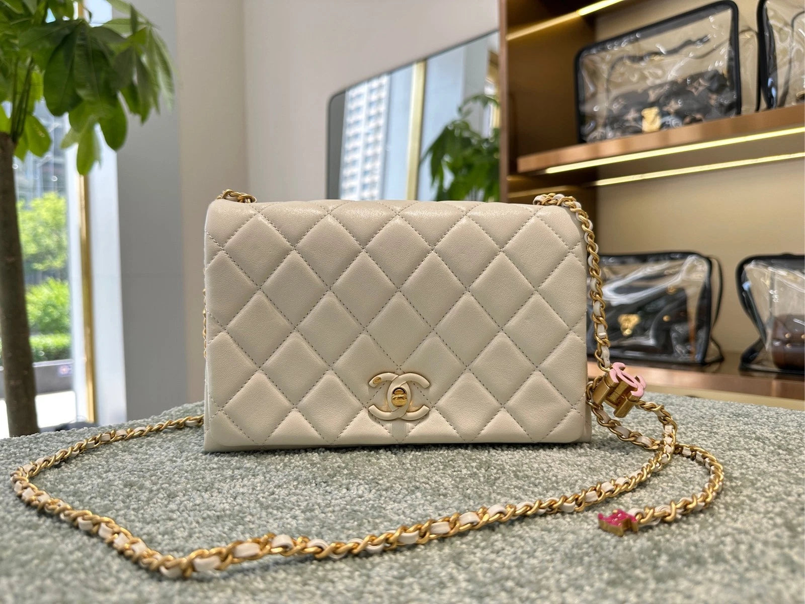 CHANEL Enamel Leather Double C Flap Shoulder Bag For Women