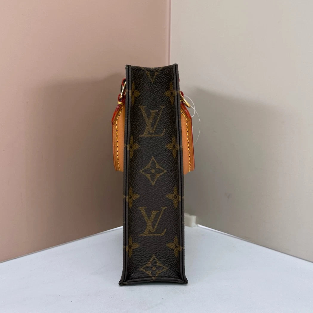 Louis Vuitton Petit Sac Plat Mini Monogram Top Handle Bag Brown Gold Women