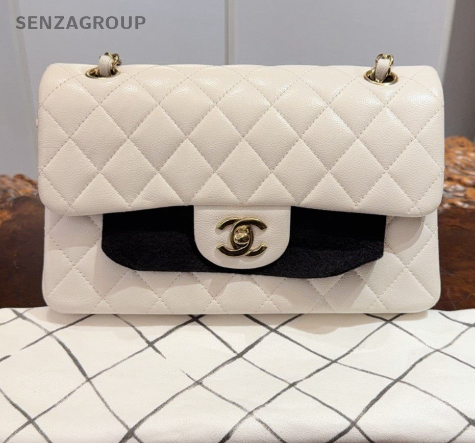 Chanel Classic Flap PM Calfskin Chain Shoulder Bag Crossbody White Gold Women