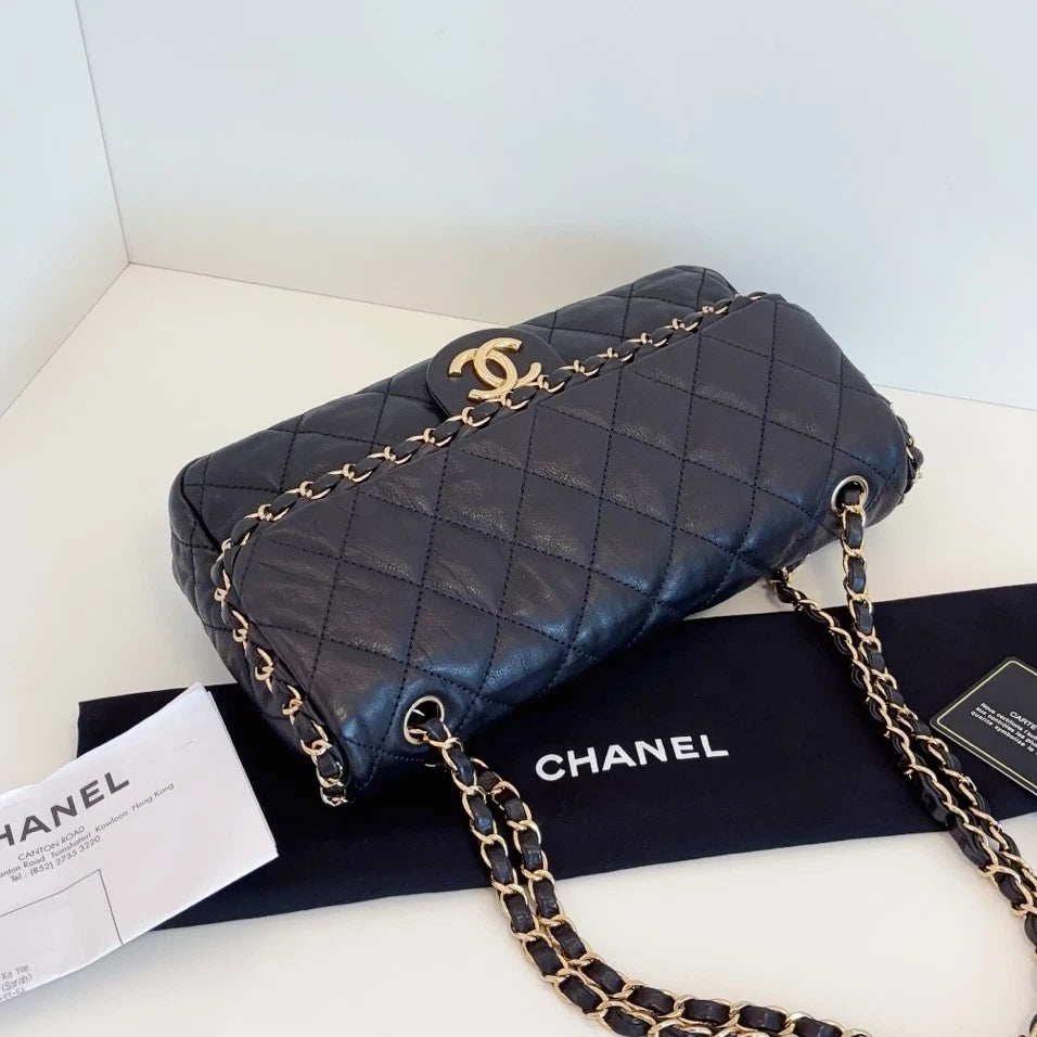 Chanel Classic Flap Jumbo Calfskin Chain Shoulder Crossbody Black Gold Women