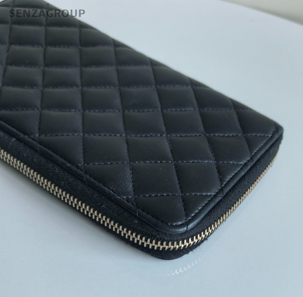 CHANEL CC Logo Long Wallet Diamond Pattern Black Silver
