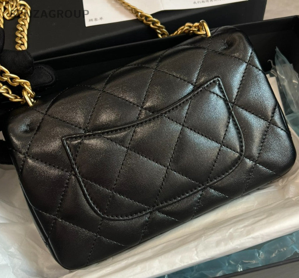 Chanel Classic Flap Lambskin Mini Chain Shoulder Bag Black Gold Women Designer