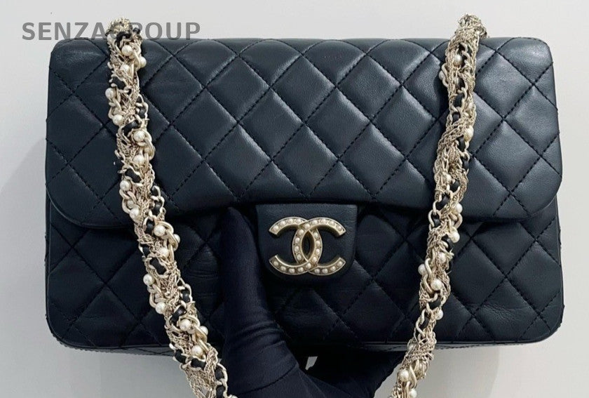 Chanel Westminster Lambskin Pearl Chain Shoulder Bag Black Gold Women Designer