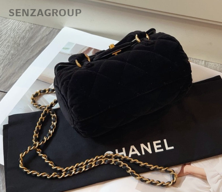 CHANEL CC Logo 25C Velvet Top Handle 2way Shoulder Handbag Black Gold Women