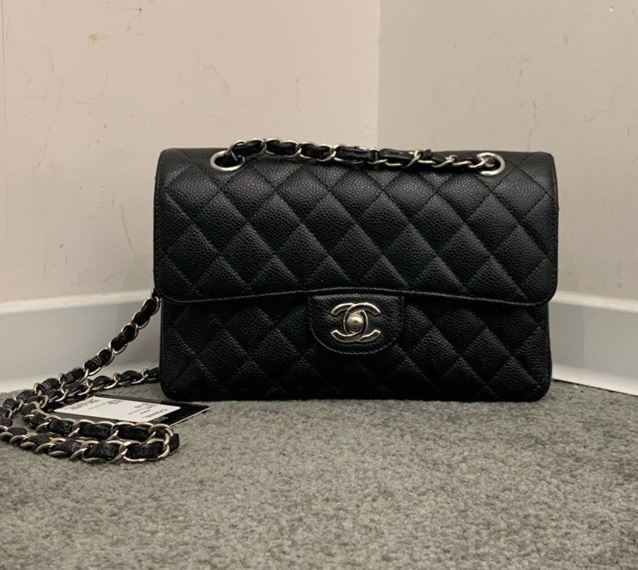 Chanel Classic Flap PM Calfskin Chain Shoulder Bag Crossbody Black Silver Women
