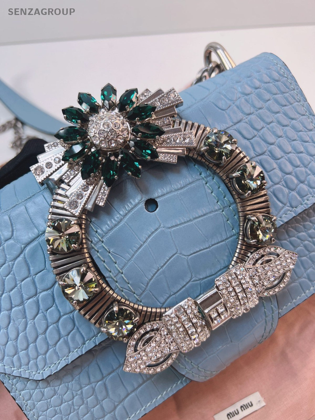 Miumiu miulady Clafskin Water Blue crystal Chain Strap Shoulder bag Brand NEW