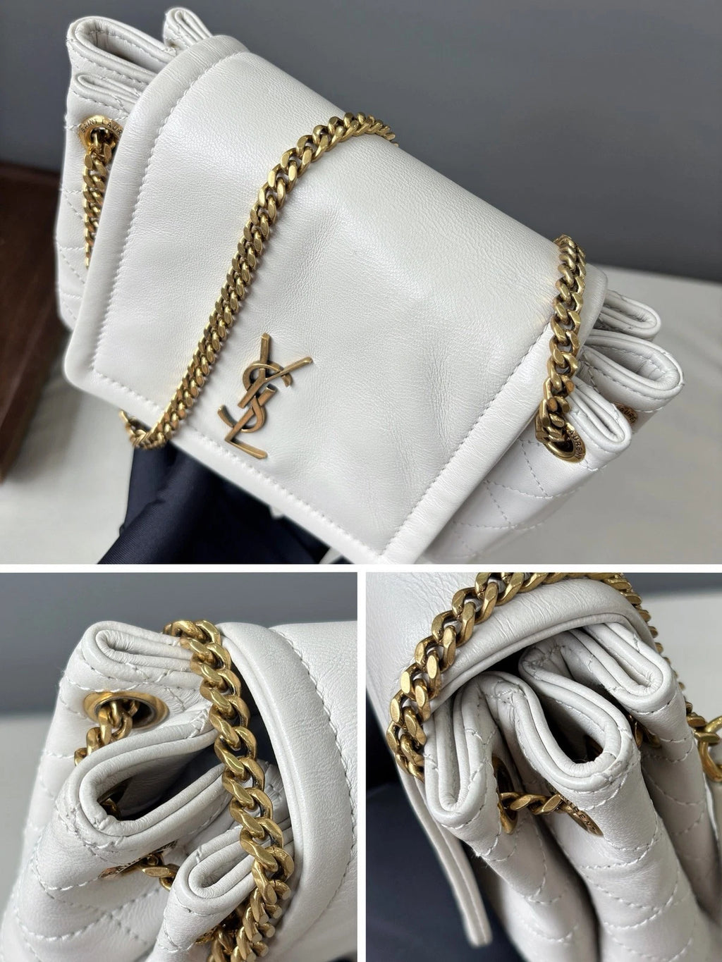 Authentic Saint Laurent Nolita Mini Gold Chain White Shoulder Bag Crossbody