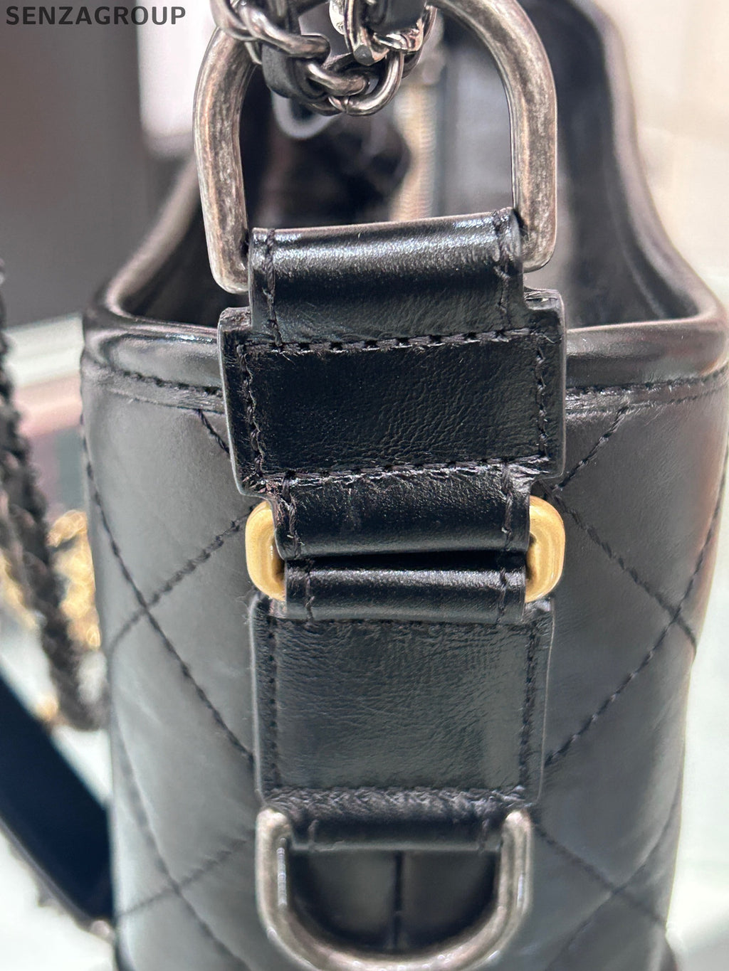 Chanel Small Gabrielle Hobo Bag Black Gold Chevron Chain Shoulder Crossbody