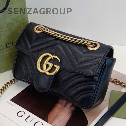 Gucci Marmont22 Chain Shoulder Bag Crossbody Black Gold Used Women Classic