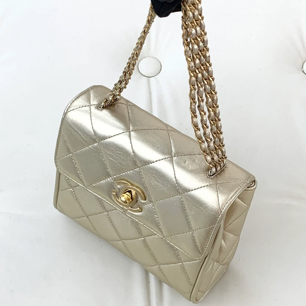 Chanel Lambskin Chain Top Handle Bag Diamond Gold Women Classic S
