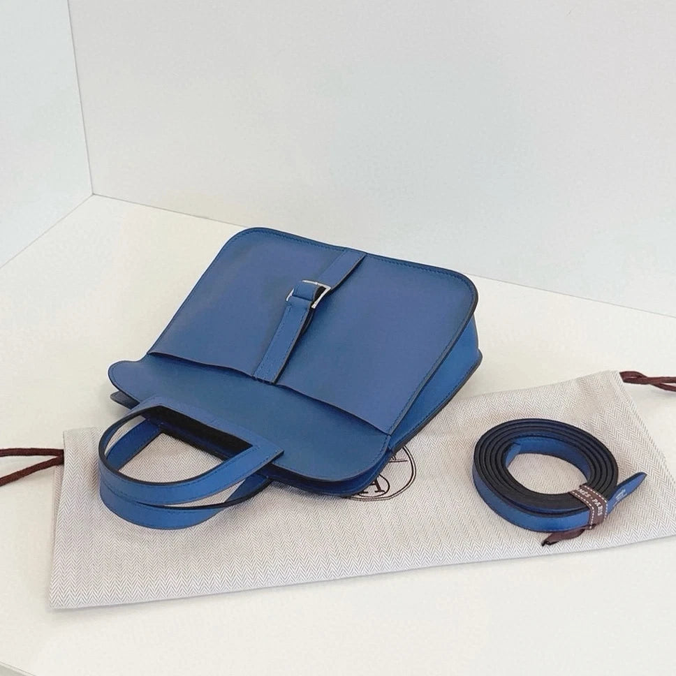 Hermes Halzan Mini Top Handle Crossbody Blue Silver Women Classic Fashion
