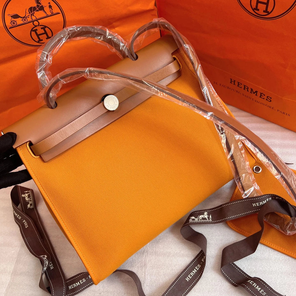 Hermes Herbag 31 Canvas Top Handle Crossbody Bag Orange Silver Women