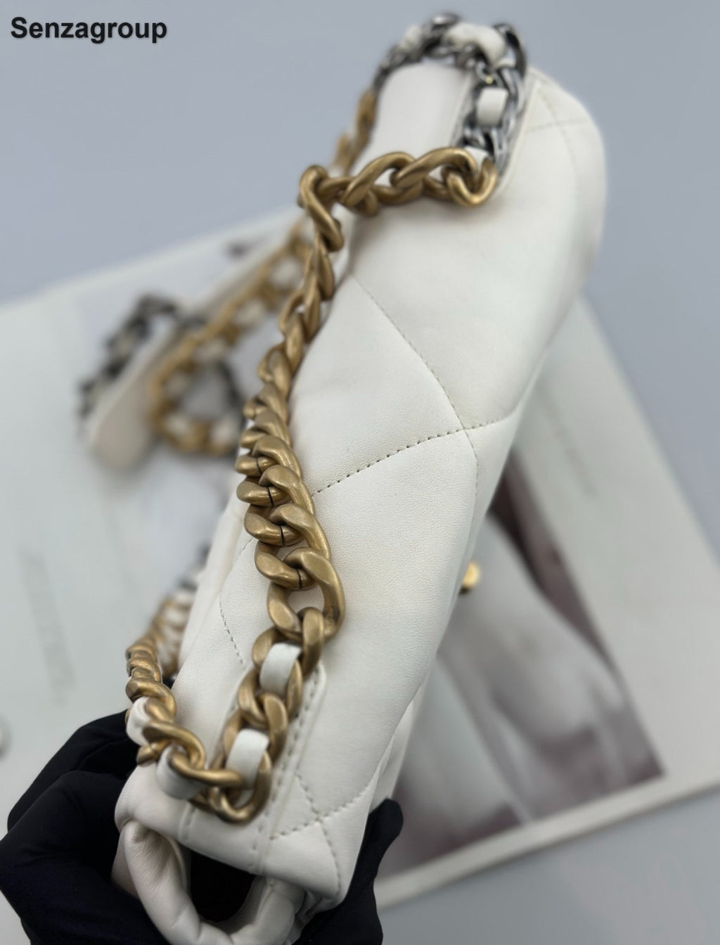 Chanel 19Bag PM Chain Top Handle Shoulder Crossbody White Gold Women Classic