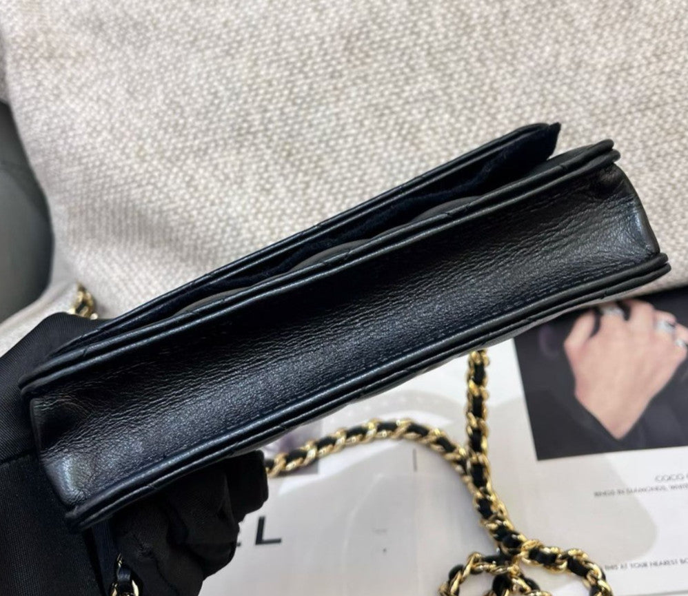 Chanel Diamond Lambskin WOC Chain Top Handle Bag Crossbody Black Gold Women