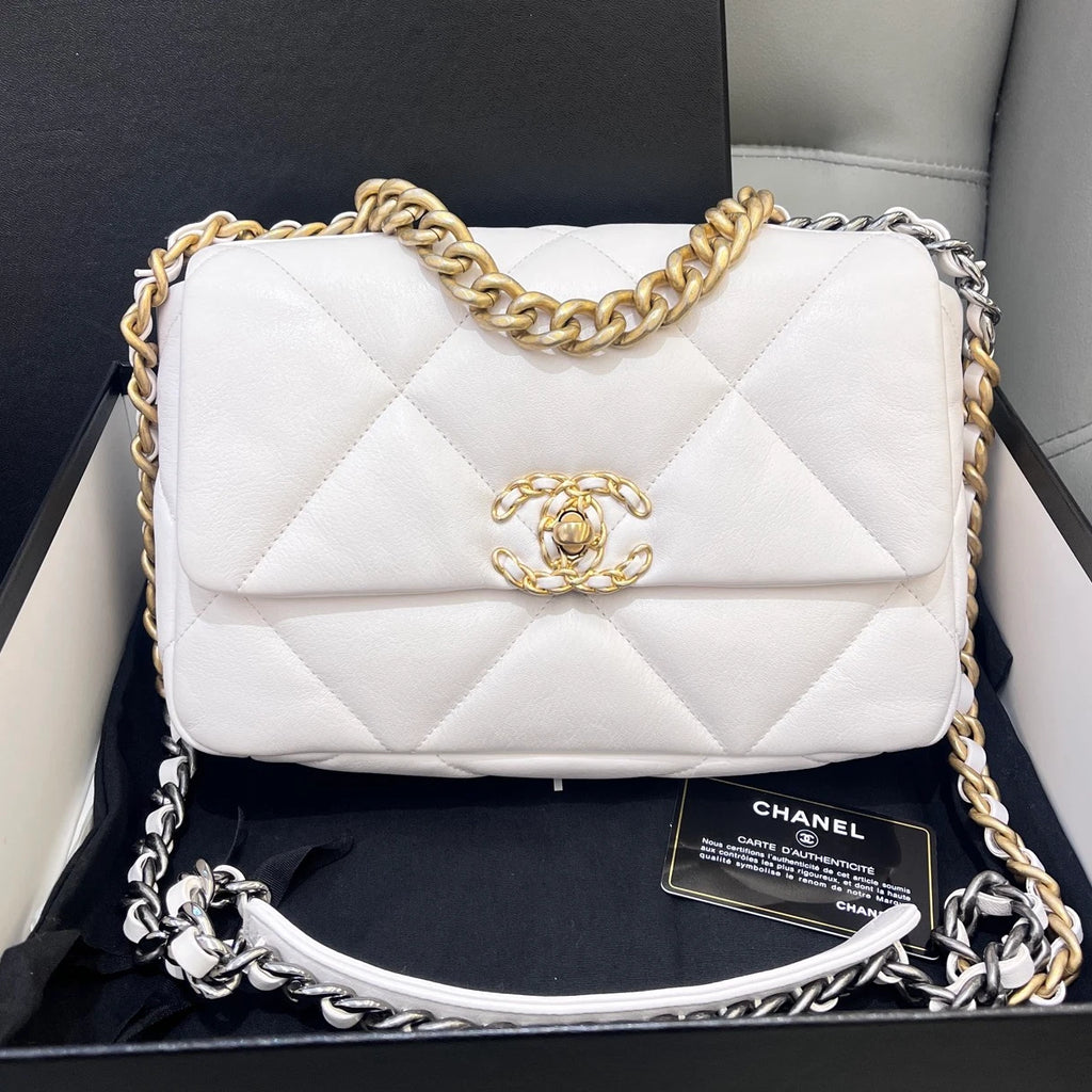Chanel 19Bag PM Chain Top Handle Crossbody White Gold Women Classic