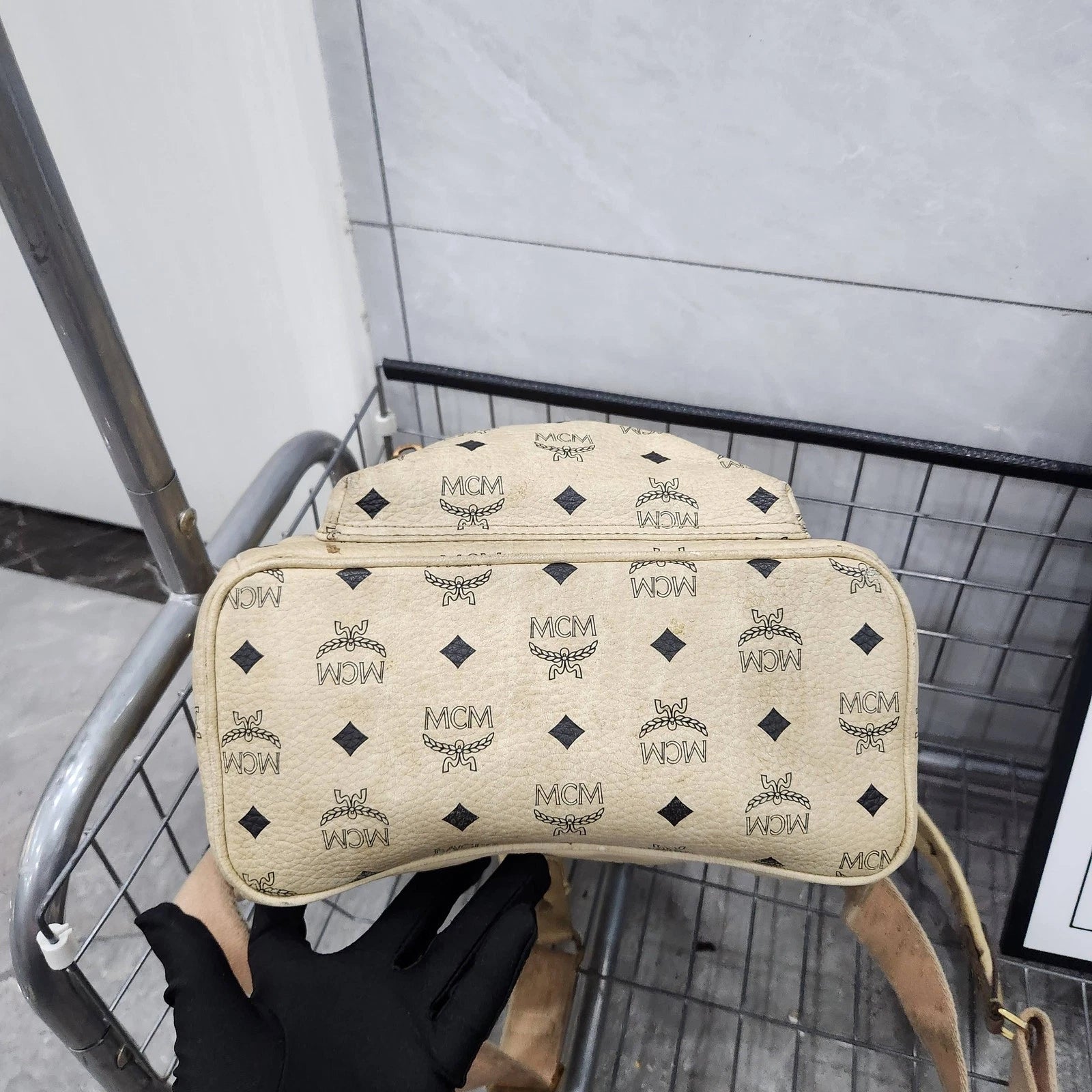 MCM Beige Monogram Studded Backpack For Women