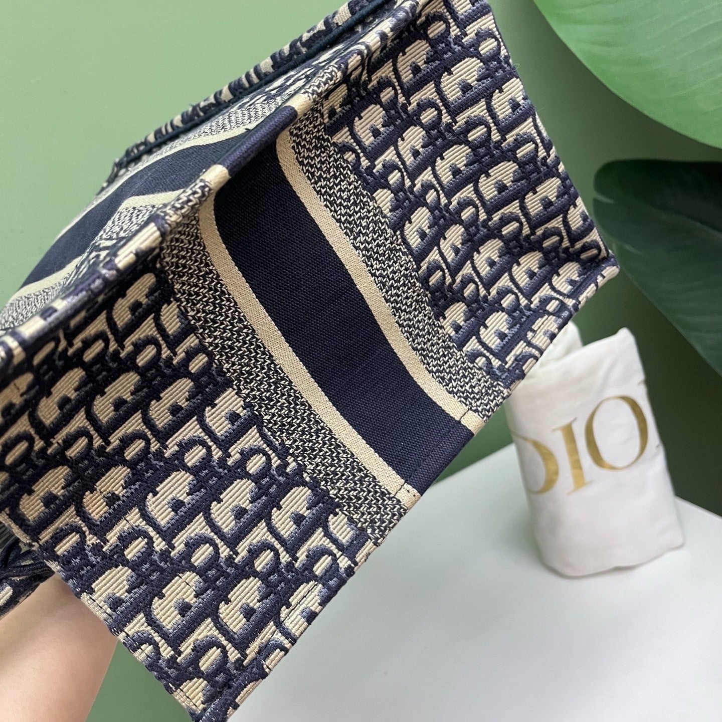 Christian Dior Oblique MM Tote Top Handle Bag Blue White Used Women Classic