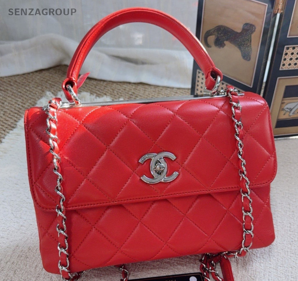 Chanel Trendy CC Chain Shoulder Bag Top Handle Bag Red Silver Women Classic
