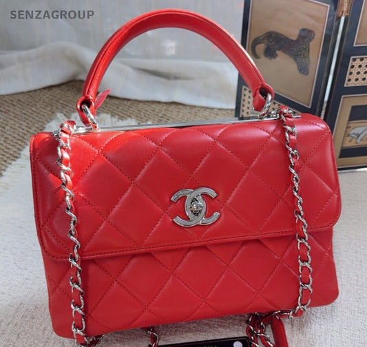 Chanel Trendy CC Chain Shoulder Bag Top Handle Bag Red Silver Women Classic