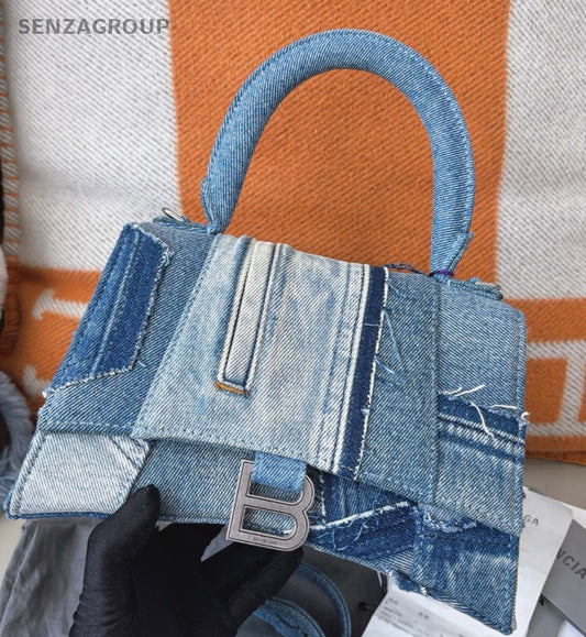 Balenciaga Hourglass Denim Top Handle 2WAY Shoulder Handbag Women Blue