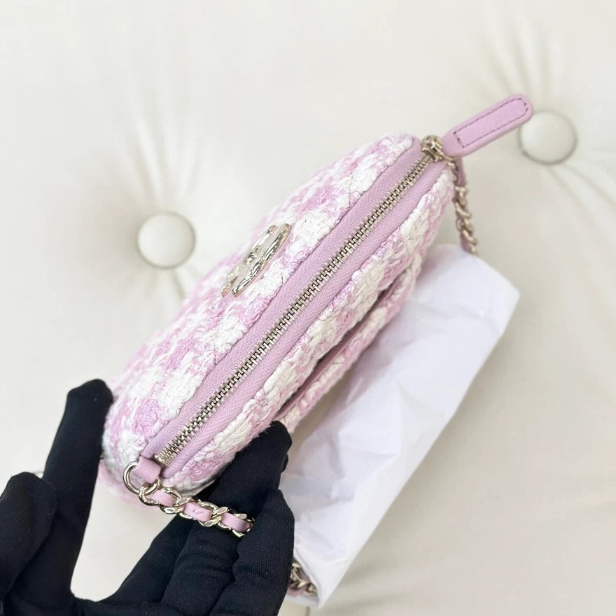 Chanel Tweed Shell Bag Chain Shoulder Bag Crossbody Pink Gold Women Classic S