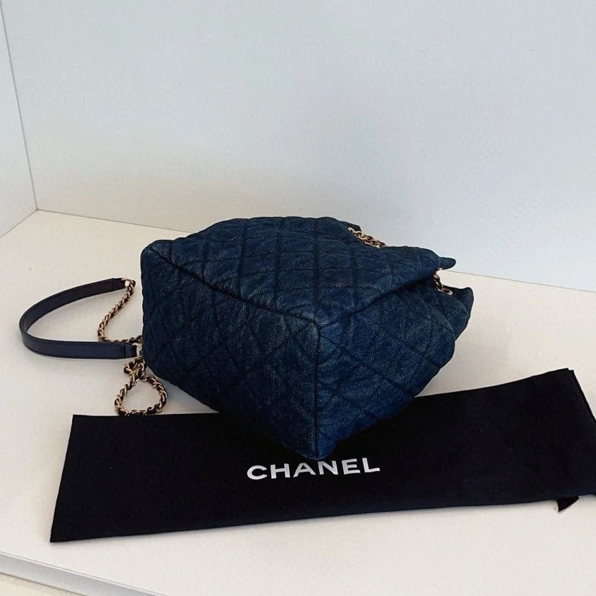 Chanel Denim Bucket Chain Shoulder Crossbody Blue Gold Diamond Women Classic